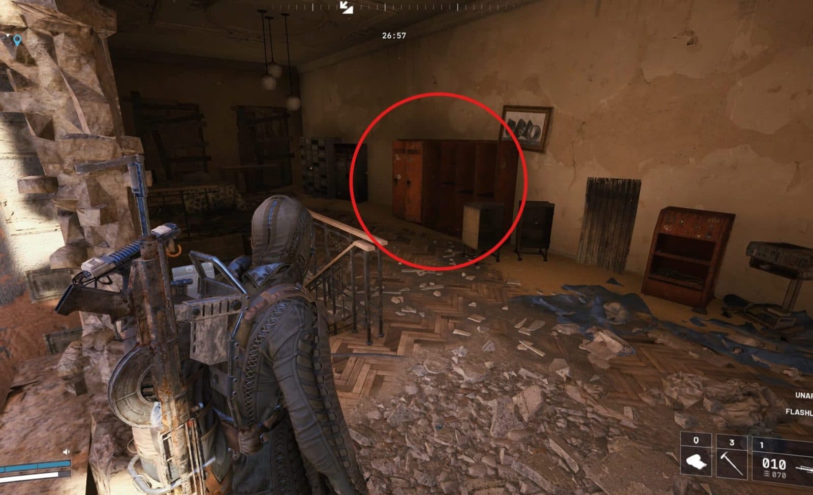 Red lockers inside Red Tower