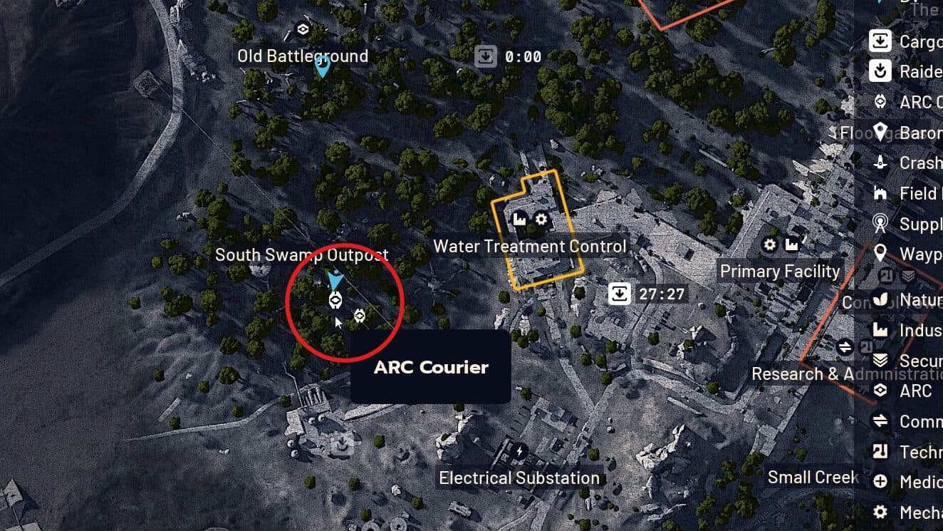 Map view showing ARC Courier icons during an Electromagnetic Storm